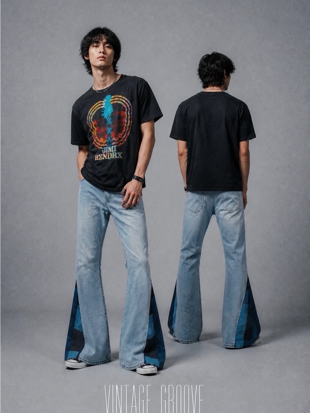 Light Blue Men's Flared Patchwork Jeans - Picture 3 of 3